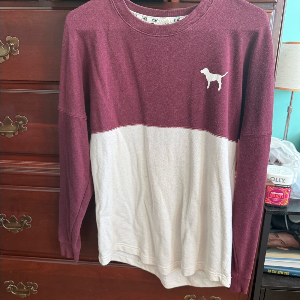 Victoria's Secret Men's Maroon and White Crewneck Sweater